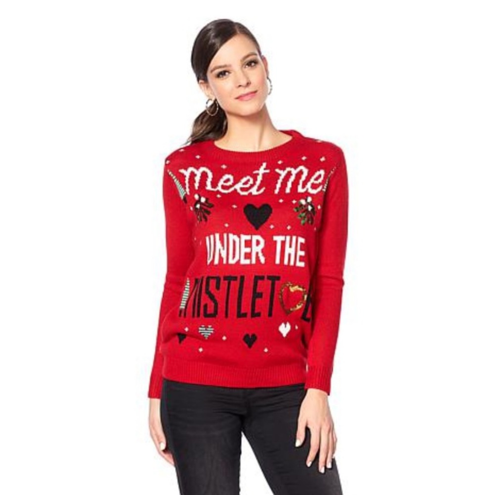 NEW! Kiss Me Christmas Sweater by Curations, Mistletoe Gold & Green Sequins M